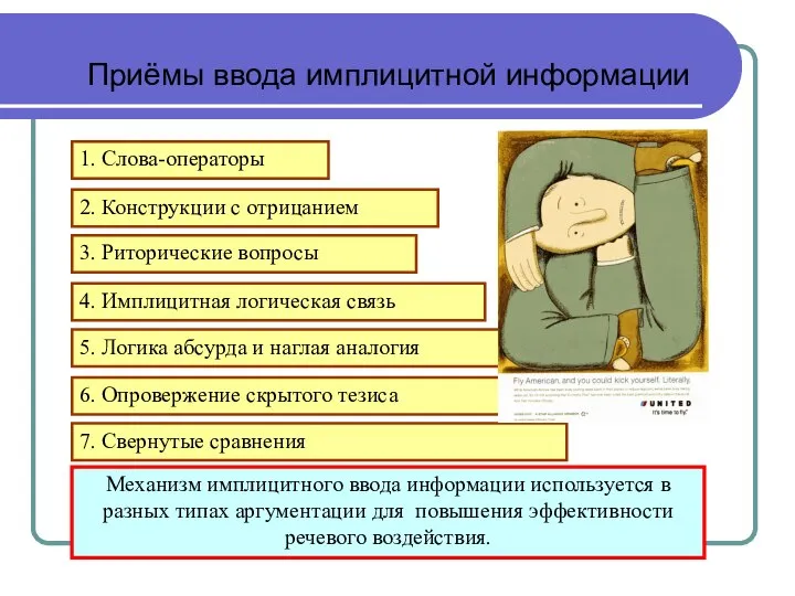 1. Слова-операторы 2. Конструкции с отрицанием 3. Риторические вопросы Механизм имплицитного