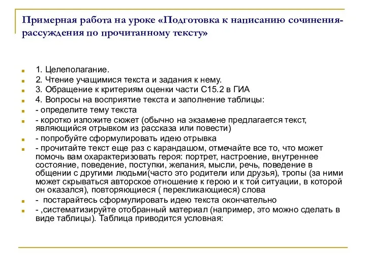 Примерная работа на уроке «Подготовка к написанию сочинения-рассуждения по прочитанному тексту»