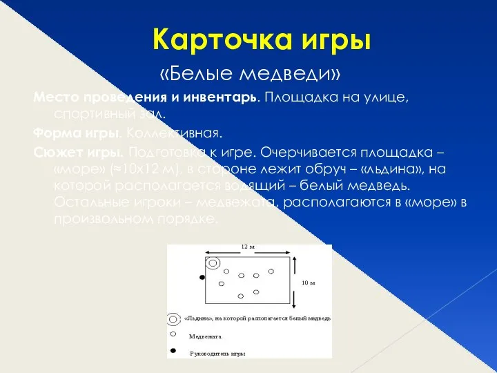 Карточка игры «Белые медведи» Место проведения и инвентарь. Площадка на улице,