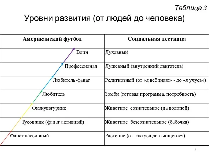 Таблица 3 Уровни развития (от людей до человека)