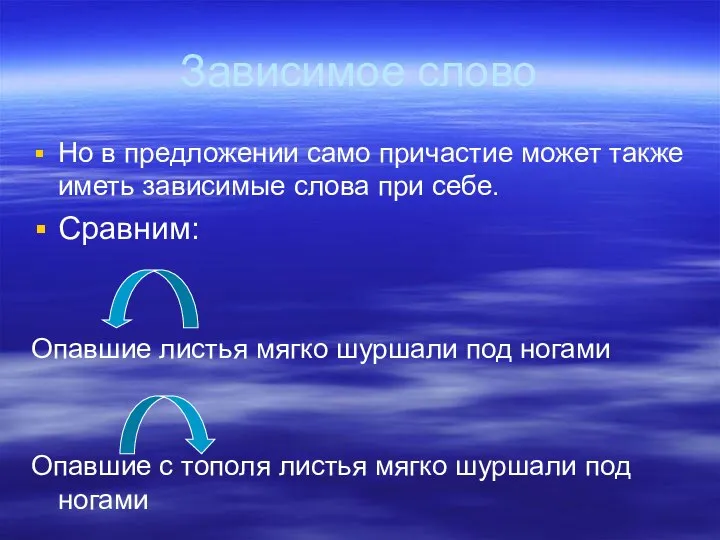 Зависимое слово Но в предложении само причастие может также иметь зависимые