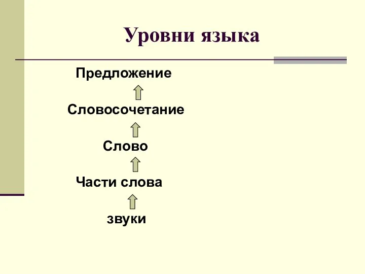 Уровни языка Предложение Словосочетание Слово Части слова звуки