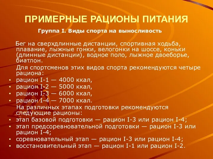 ПРИМЕРНЫЕ РАЦИОНЫ ПИТАНИЯ Группа I. Виды спорта на выносливость Бег на