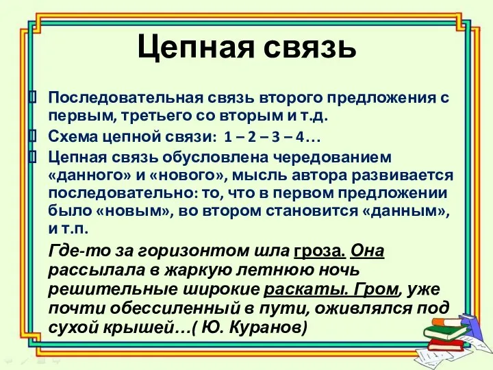 Цепная связь Последовательная связь второго предложения с первым, третьего со вторым