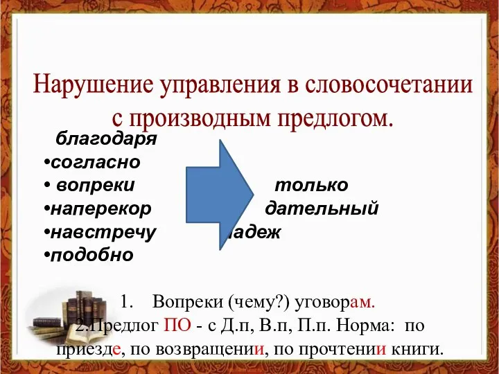 Нарушение управления в словосочетании с производным предлогом. благодаря согласно вопреки только