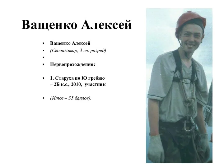 Ващенко Алексей Ващенко Алексей (Сыктывкар, 3 сп. разряд) Первопрохождения: 1. Старуха