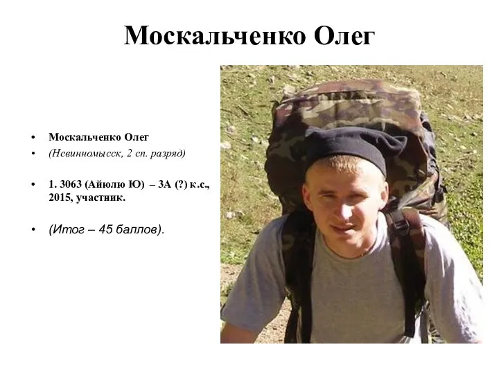 Москальченко Олег Москальченко Олег (Невинномысск, 2 сп. разряд) 1. 3063 (Айюлю