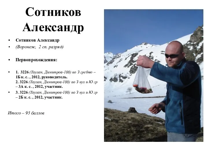 Сотников Александр Сотников Александр (Воронеж, 2 сп. разряд) Первопрохождения: 1. 3226