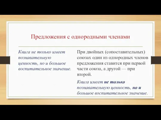 Предложения с однородными членами Книга не только имеет познавательную ценность, но