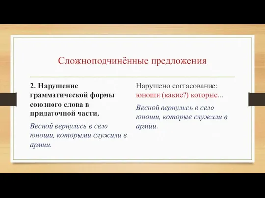 Сложноподчинённые предложения 2. Нарушение грамматической формы союзного слова в придаточной части.