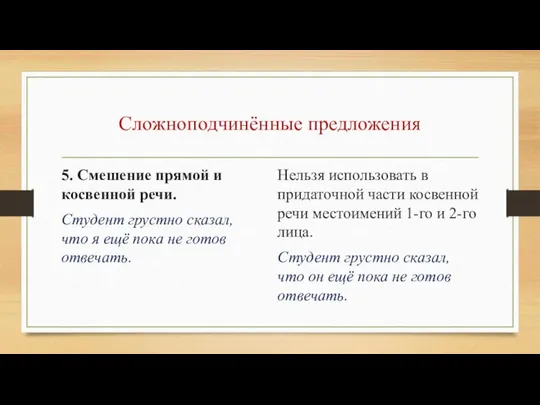 Сложноподчинённые предложения 5. Смешение прямой и косвенной речи. Студент грустно сказал,