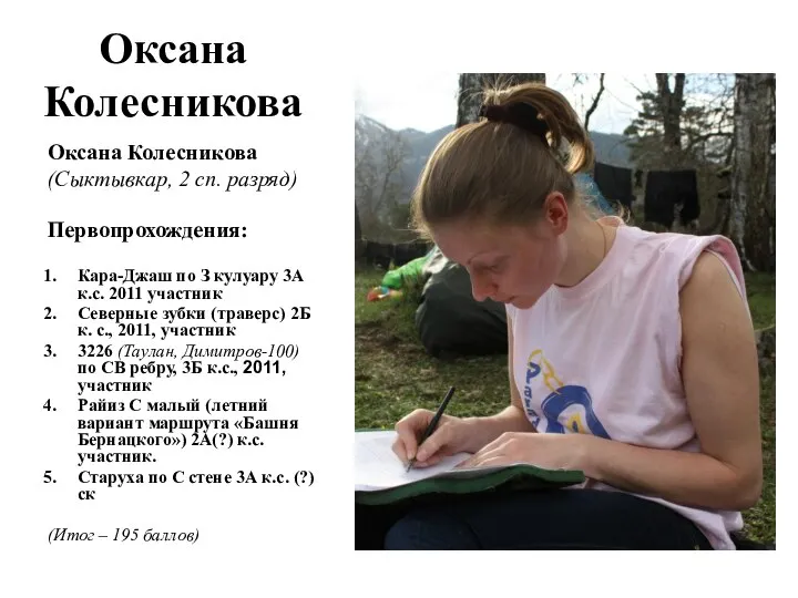 Оксана Колесникова Оксана Колесникова (Сыктывкар, 2 сп. разряд) Первопрохождения: Кара-Джаш по