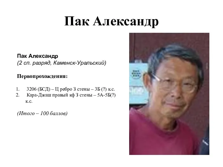 Пак Александр Пак Александр (2 сп. разряд, Каменск-Уральский) Первопрохождения: 3206 (БСД)