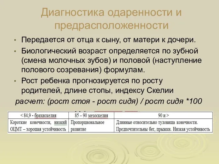 Диагностика одаренности и предрасположенности Передается от отца к сыну, от матери