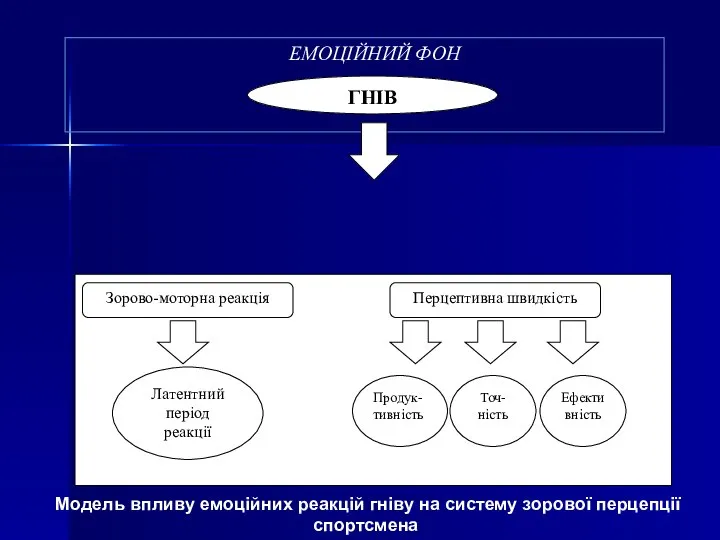 ЕМОЦІЙНИЙ ФОН ГНІВ Зорово-моторна реакція Перцептивна швидкість Продук-тивність Точ-ність Ефективність Латентний