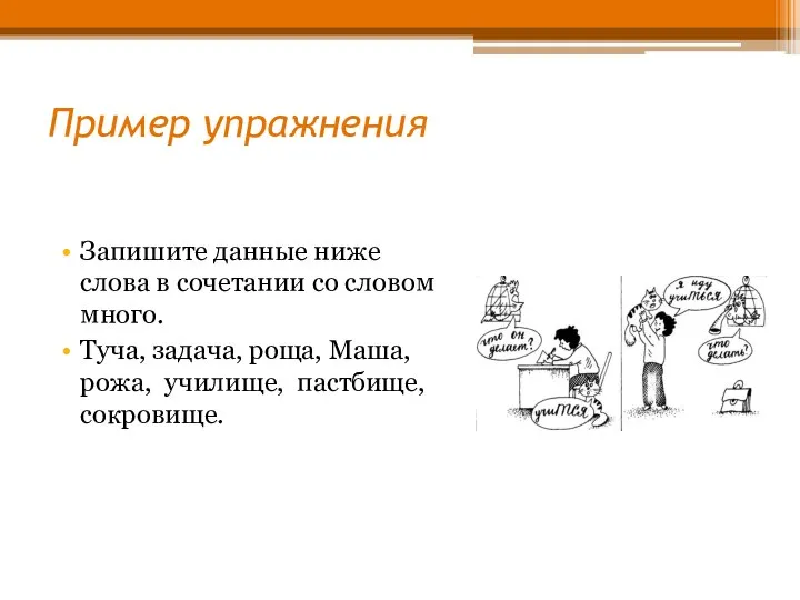 Пример упражнения Запишите данные ниже слова в сочетании со словом много.