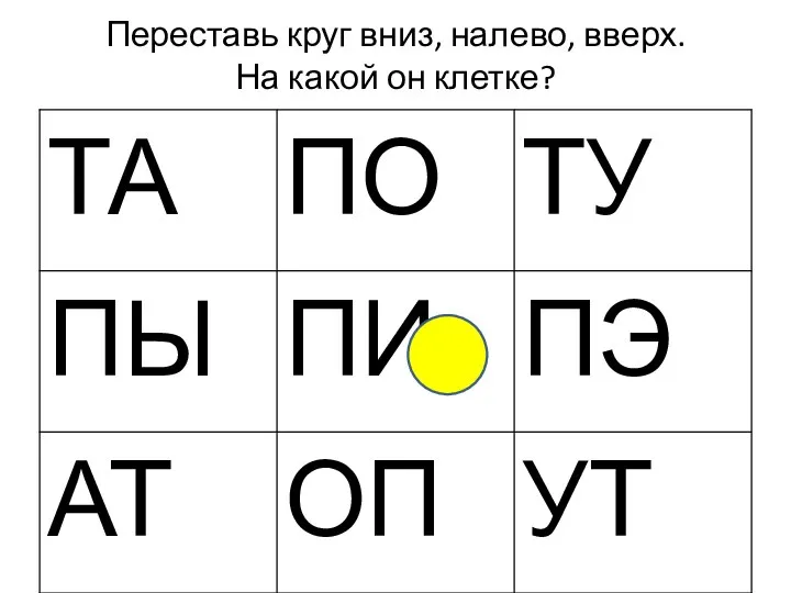 Переставь круг вниз, налево, вверх. На какой он клетке?