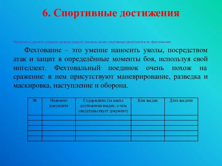 6. Спортивные достижения Результаты данного раздела демонстрируют уровень моих спортивных результатов