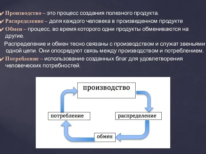 Производство – это процесс создания полезного продукта. Распределение – доля каждого