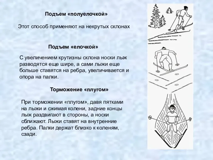 Подъем «полуелочкой» Этот способ применяют на некрутых склонах Подъем «елочкой» С