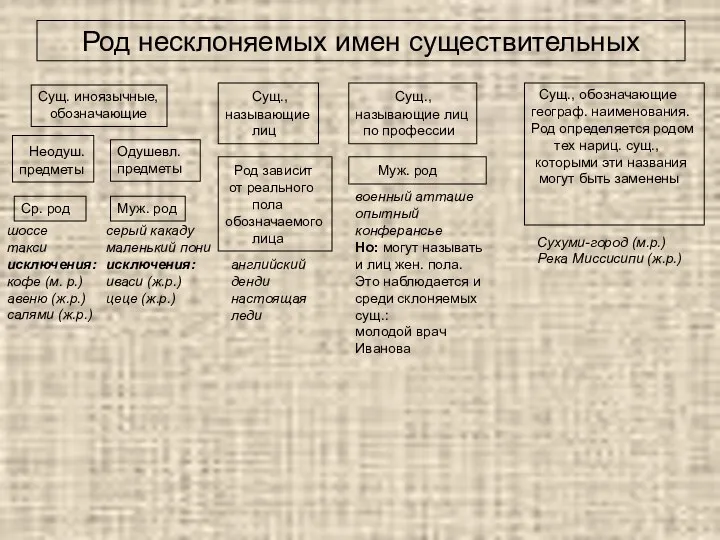 Род несклоняемых имен существительных Сущ. иноязычные, обозначающие Неодуш. предметы Ср. род