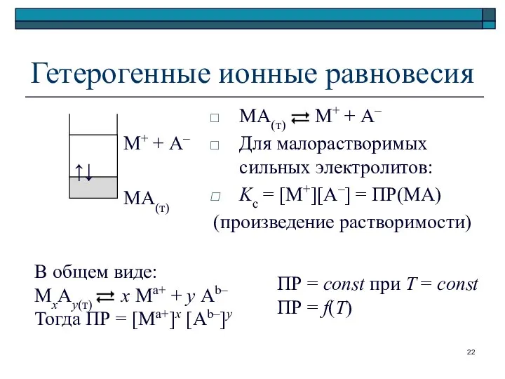 Гетерогенные ионные равновесия М+ + А– ↑↓ МА(т) МА(т) М+ +