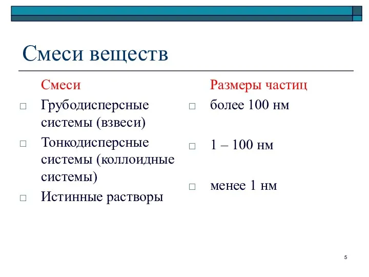 Смеси веществ Смеси Грубодисперсные системы (взвеси) Тонкодисперсные системы (коллоидные системы) Истинные