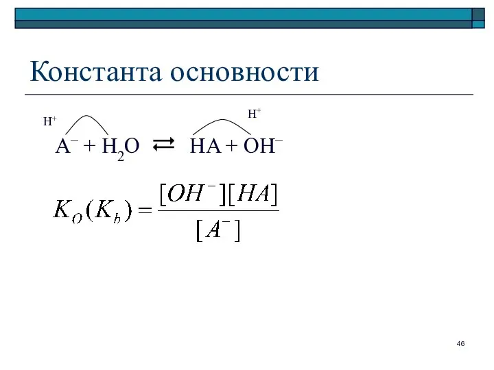 Константа основности A– + H2O HA + ОН– H+ H+