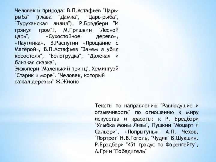 Человек и природа: В.П.Астафьев "Царь-рыба" (глава "Дамка", "Царь-рыба", "Туруханская лилия"), Р.Брэдбери