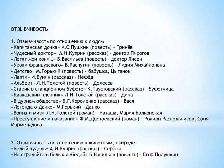 ОТЗЫВЧИВОСТЬ 1. Отзывчивость по отношению к людям «Капитанская дочка» А.С.Пушкин (повесть)