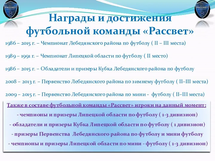 Награды и достижения футбольной команды «Рассвет» 1986 – 2015 г. –