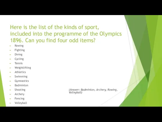 Here is the list of the kinds of sport, included into