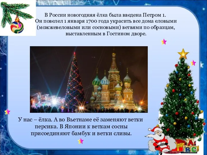 В России новогодняя ёлка была введена Петром 1. Он повелел 1