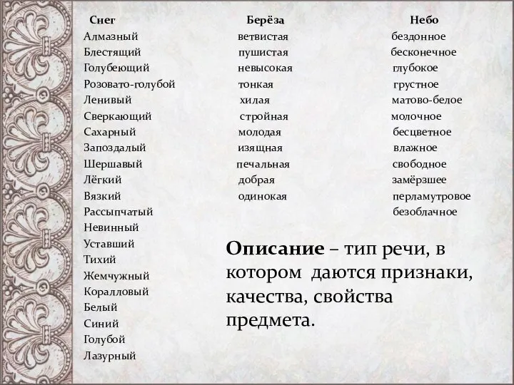 Снег Берёза Небо Алмазный ветвистая бездонное Блестящий пушистая бесконечное Голубеющий невысокая