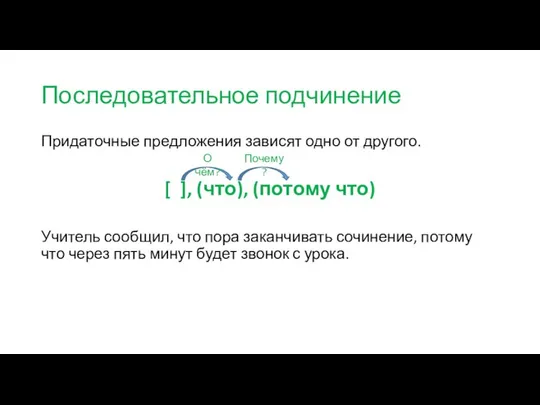 Последовательное подчинение Придаточные предложения зависят одно от другого. [ ], (что),