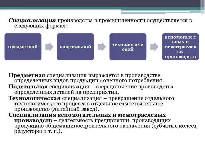 Специализация производства в промышленности осуществляется в следующих формах: Предметная специализация выражается