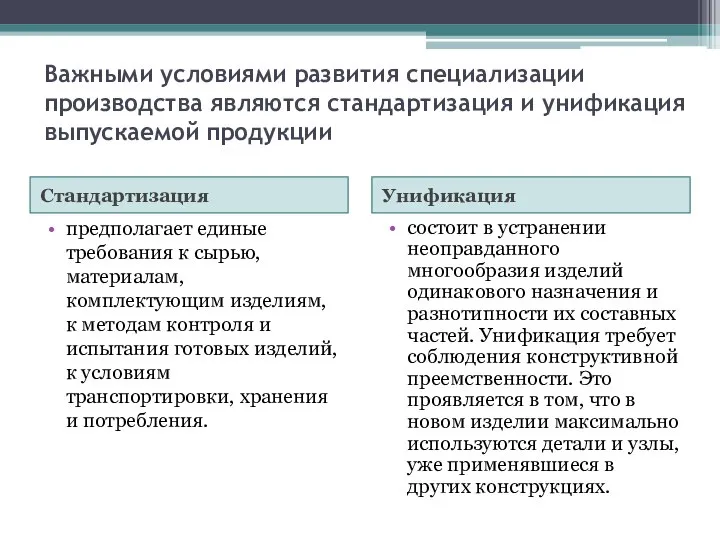 Важными условиями развития специализации производства являются стандартизация и унификация выпускаемой продукции