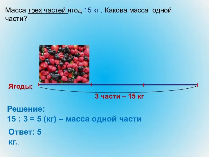 Ягоды: 3 части – 15 кг Масса трех частей ягод 15