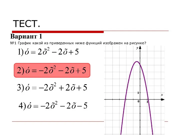 ТЕСТ. Вариант 1 №1 График какой из приведенных ниже функций изображен на рисунке?