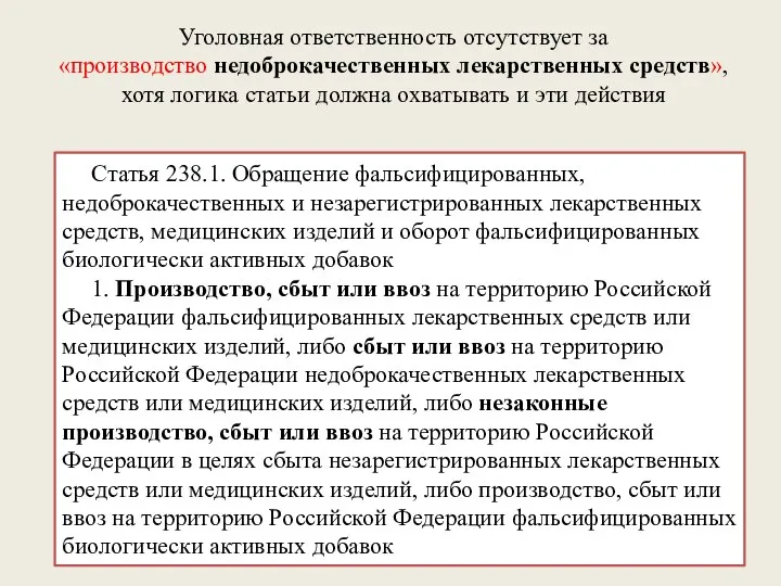 Статья 238.1. Обращение фальсифицированных, недоброкачественных и незарегистрированных лекарственных средств, медицинских изделий