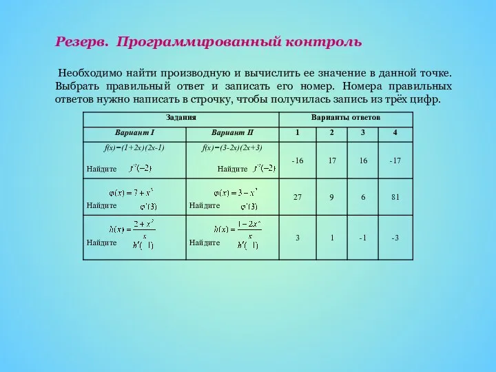 Резерв. Программированный контроль Необходимо найти производную и вычислить ее значение в