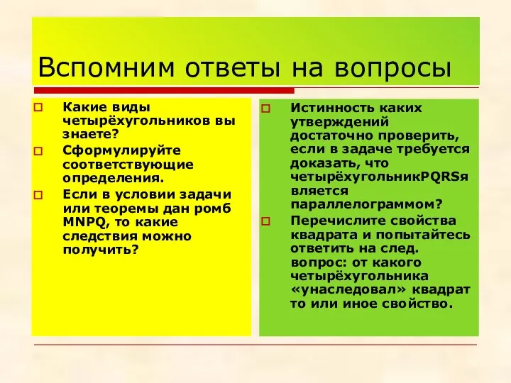 Вспомним ответы на вопросы Какие виды четырёхугольников вы знаете? Сформулируйте соответствующие