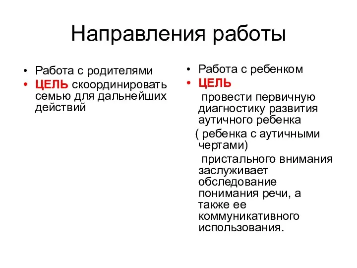 Направления работы Работа с родителями ЦЕЛЬ скоординировать семью для дальнейших действий