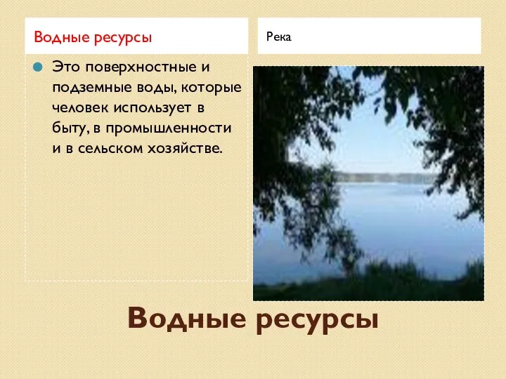 Водные ресурсы Водные ресурсы Река Это поверхностные и подземные воды, которые