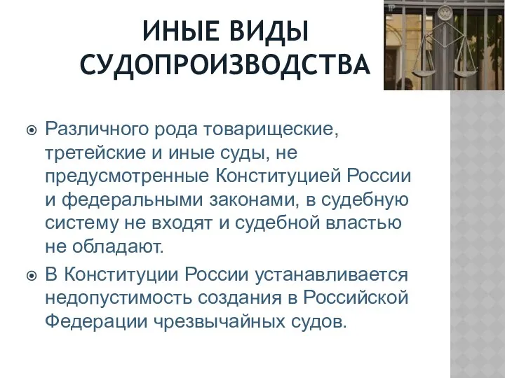 ИНЫЕ ВИДЫ СУДОПРОИЗВОДСТВА Различного рода товарищеские, третейские и иные суды, не