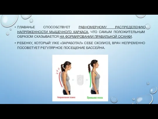 ПЛАВАНЬЕ СПОСОБСТВУЕТ РАВНОМЕРНОМУ РАСПРЕДЕЛЕНИЮ НАПРЯЖЕННОСТИ МЫШЕЧНОГО КАРКАСА, ЧТО САМЫМ ПОЛОЖИТЕЛЬНЫМ ОБРАЗОМ