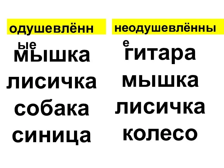 мышка лисичка собака синица гитара мышка лисичка колесо одушевлённые неодушевлённые