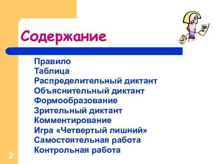 Содержание Правило Таблица Распределительный диктант Объяснительный диктант Формообразование Зрительный диктант Комментирование