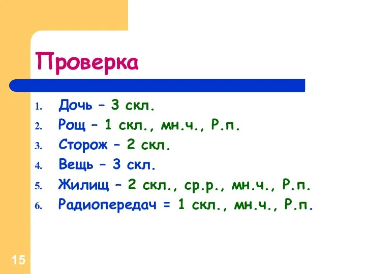 Проверка Дочь – 3 скл. Рощ – 1 скл., мн.ч., Р.п.