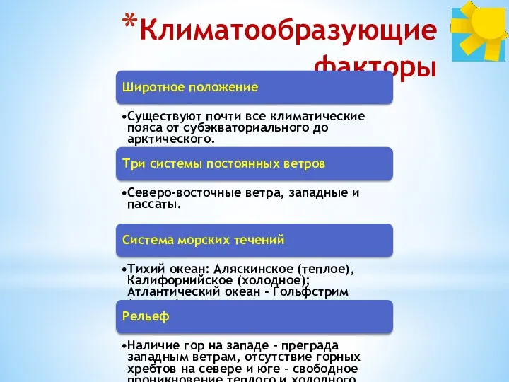 Климатообразующие факторы Широтное положение Существуют почти все климатические пояса от субэкваториального